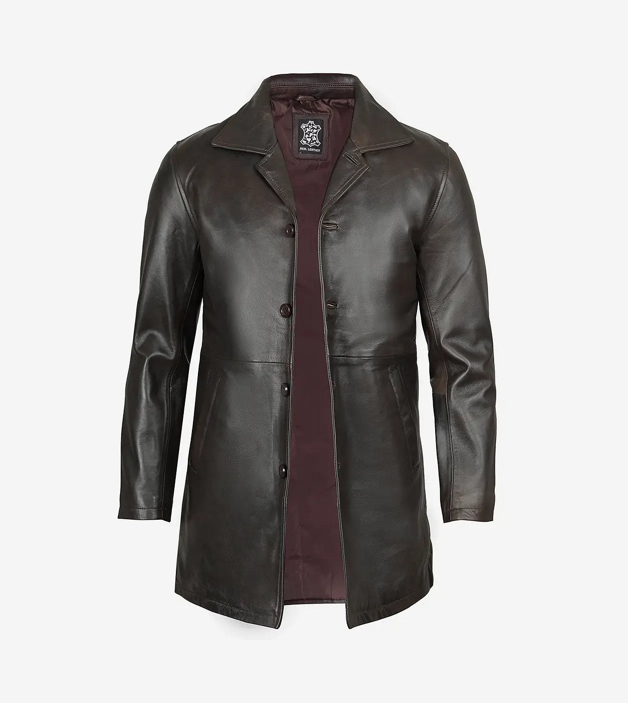 Men'S Tall Vintage Dark Brown 3/4 Length Leather Coat