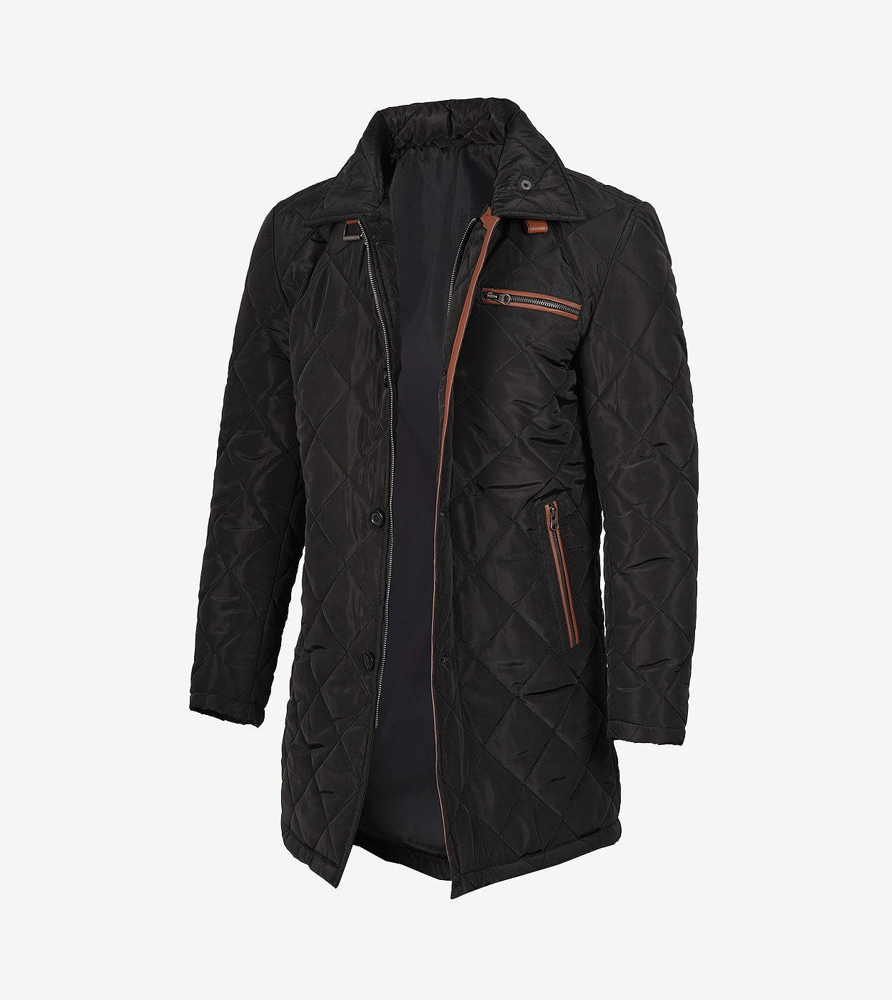 Mens 3/4 Length Black Quilted Polyester Coat With Brown Detailing