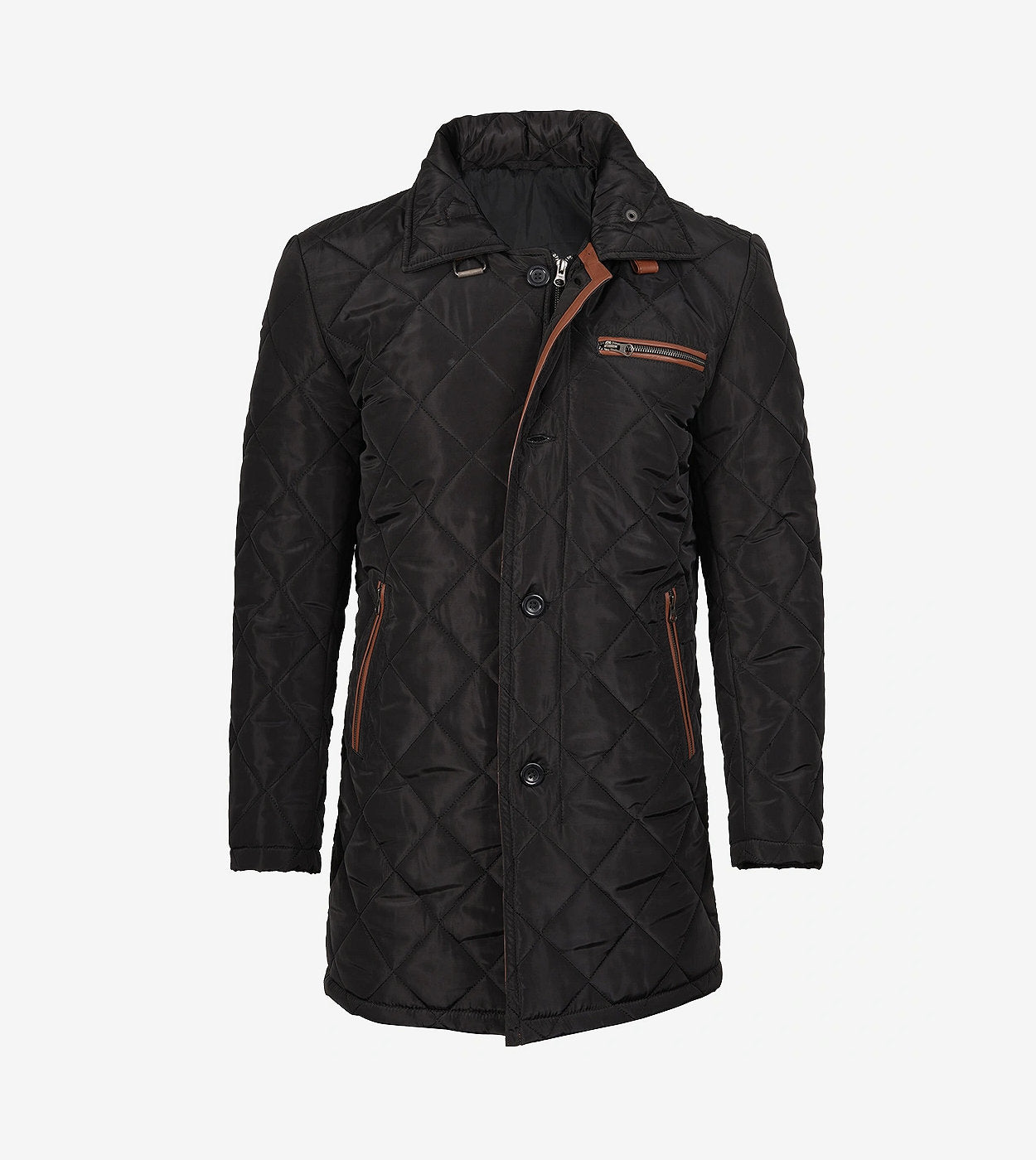 Mens 3/4 Length Black Quilted Polyester Coat With Brown Detailing