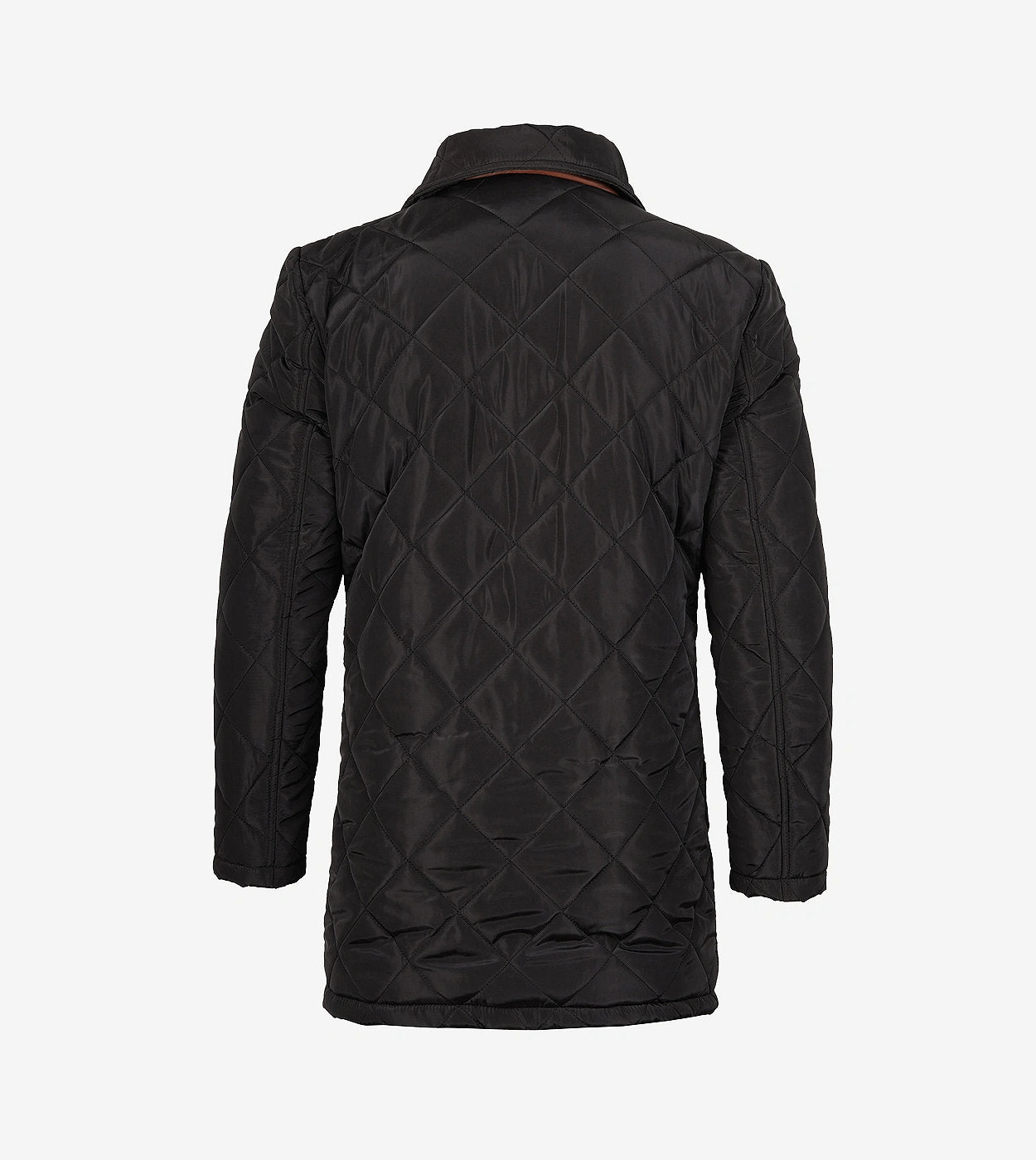 Mens 3/4 Length Black Quilted Polyester Coat With Brown Detailing