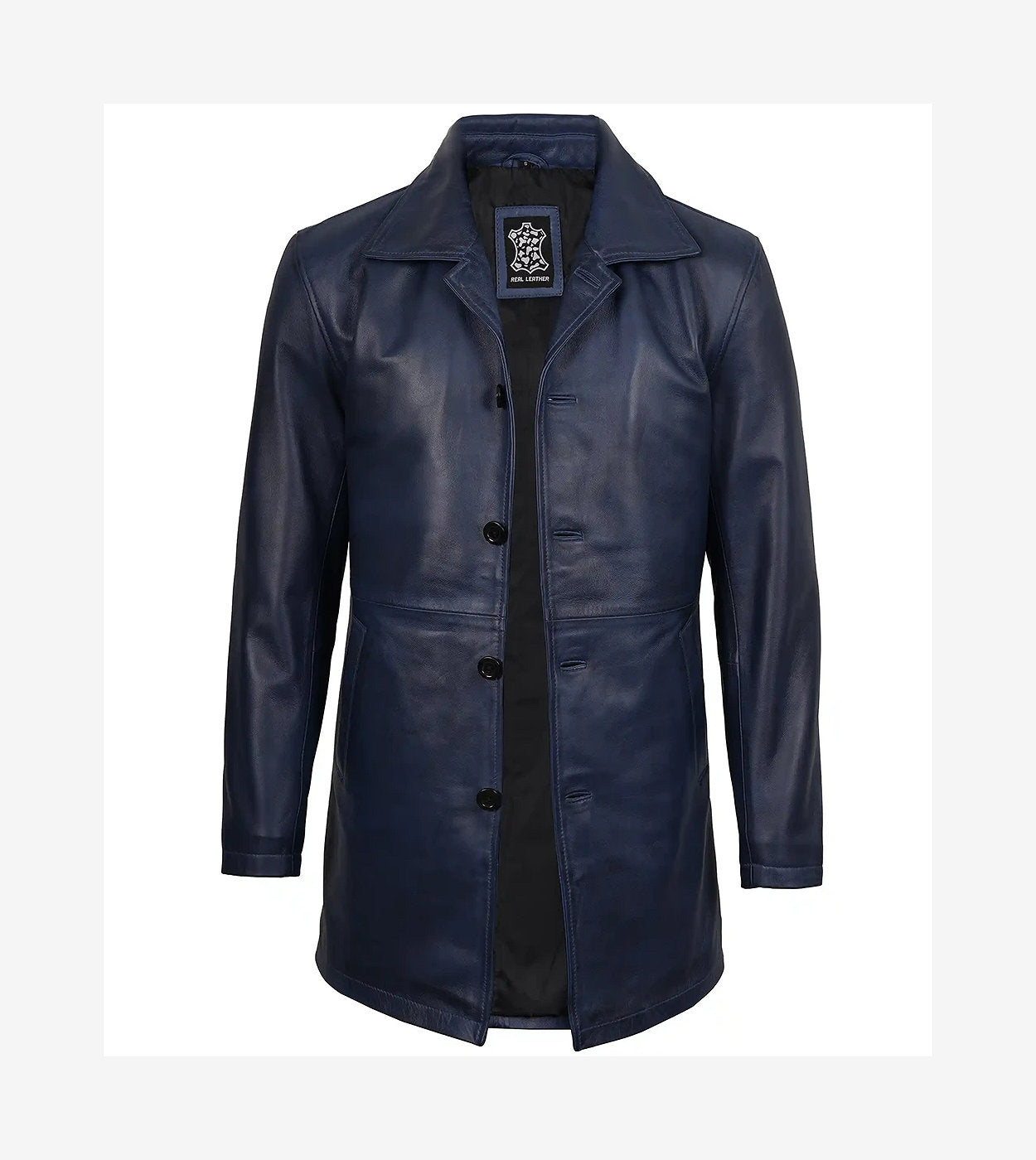 Mens 3/4 Length Blue Waxed Leather Car Coat