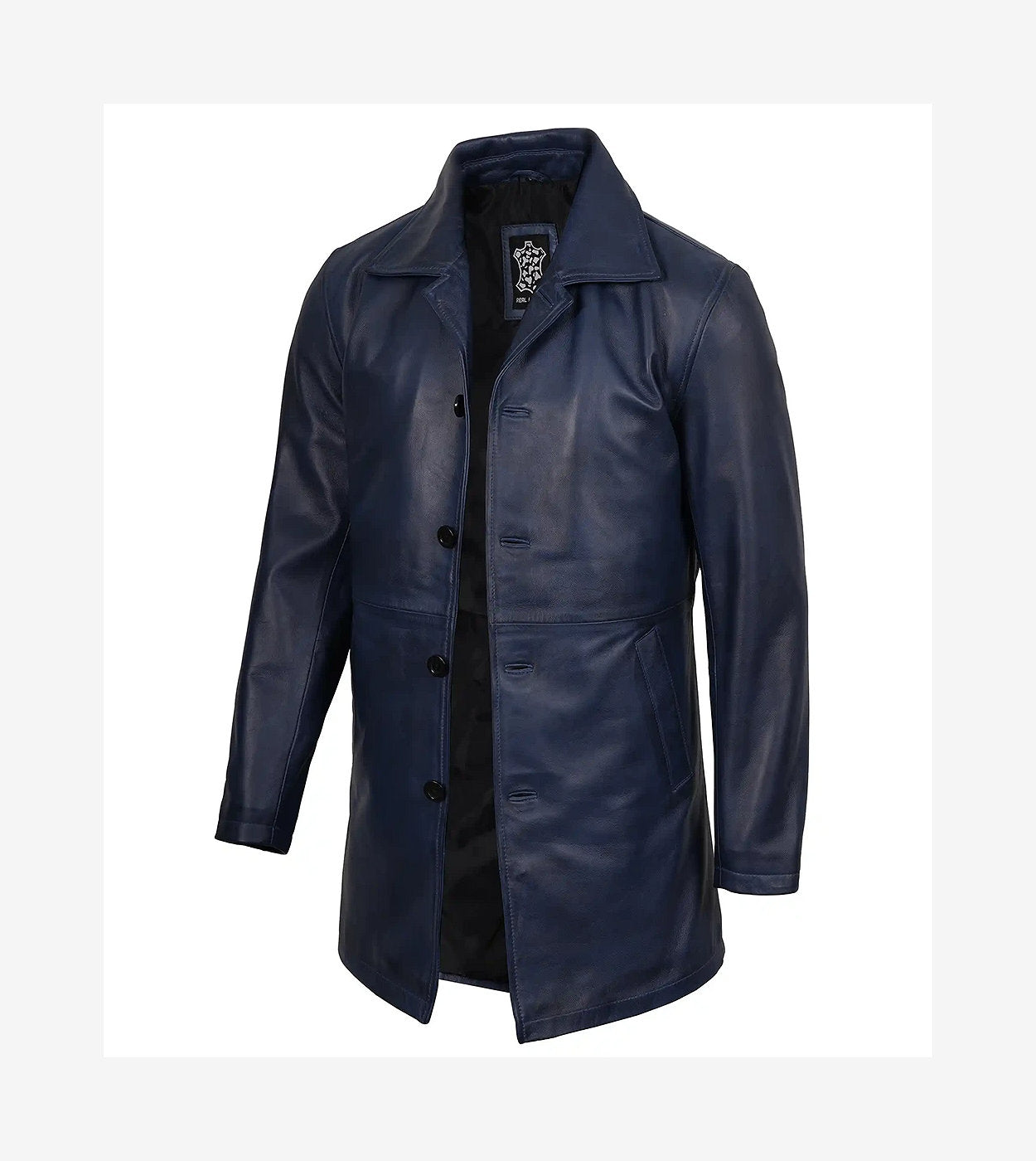 Mens 3/4 Length Blue Waxed Leather Car Coat