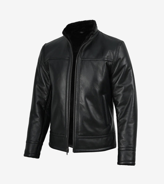 Mens Black Biker Style Shearling Leather Jacket