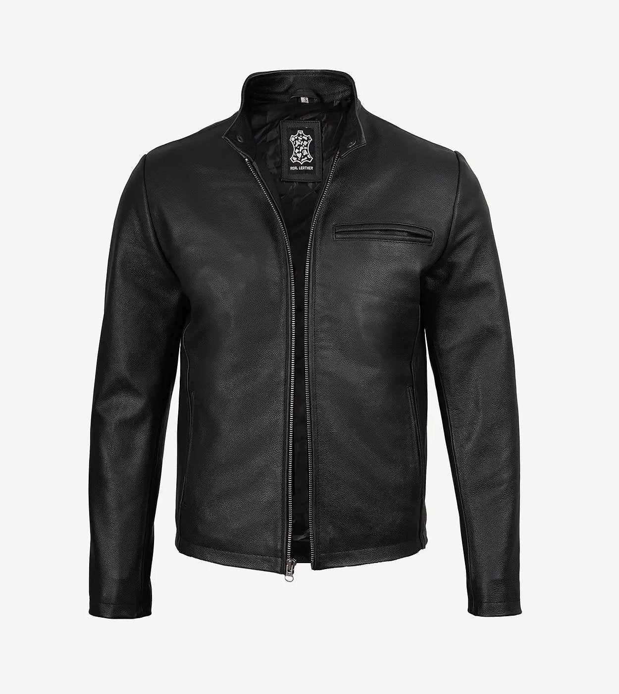 Mens Black Cafe Racer Cowhide Leather Jacket