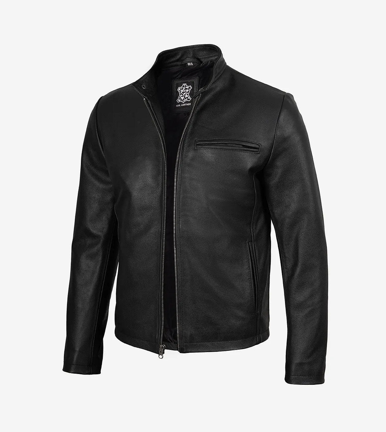 Mens Black Cafe Racer Cowhide Leather Jacket