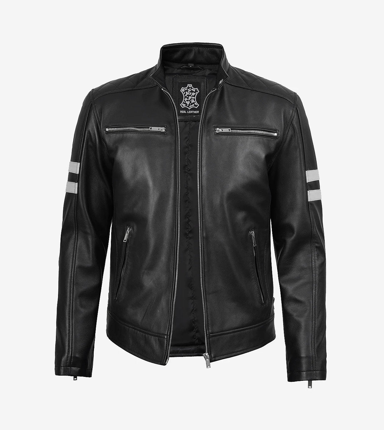 Mens Black Cafe Racer Leather Jacket With White Stripes