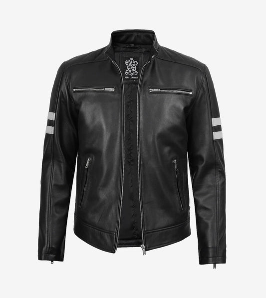Mens Black Cafe Racer Leather Jacket With White Stripes
