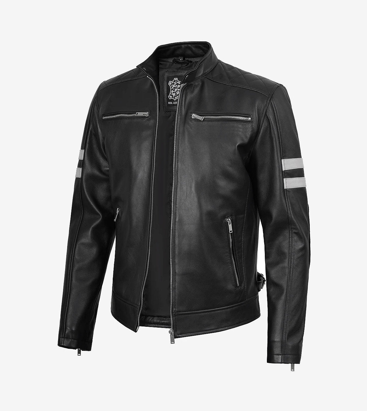 Mens Black Cafe Racer Leather Jacket With White Stripes