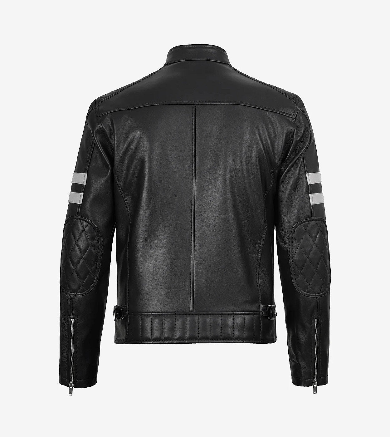 Mens Black Cafe Racer Leather Jacket With White Stripes