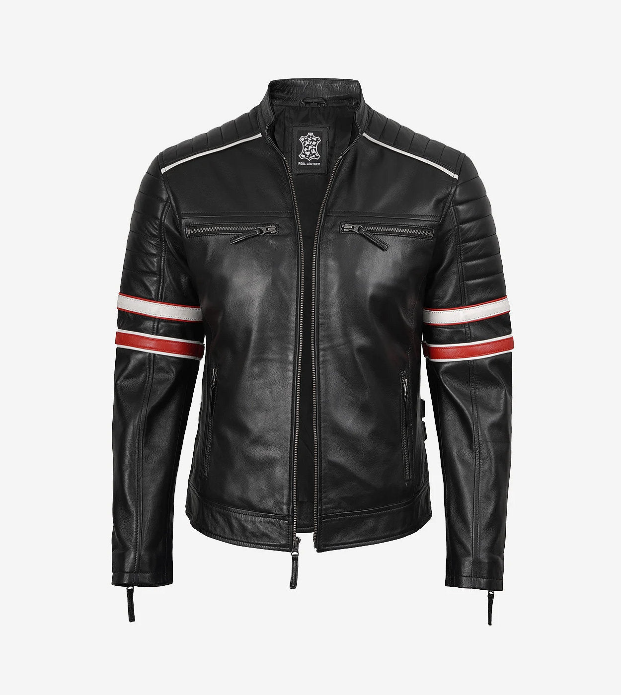 Mens Black Lambskin Leather Biker Jacket - White And Red Striped