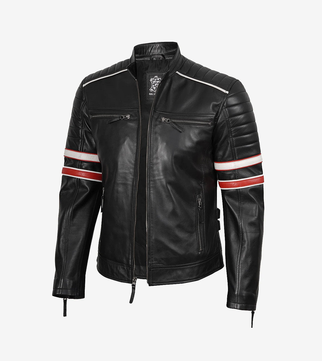 Mens Black Lambskin Leather Biker Jacket - White And Red Striped