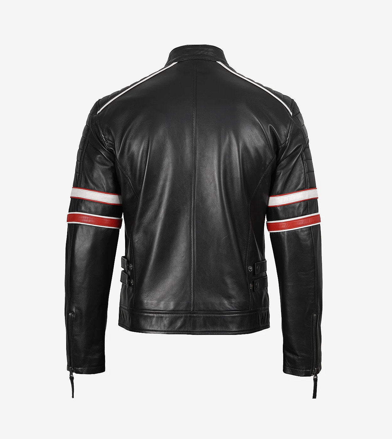 Mens Black Lambskin Leather Biker Jacket - White And Red Striped