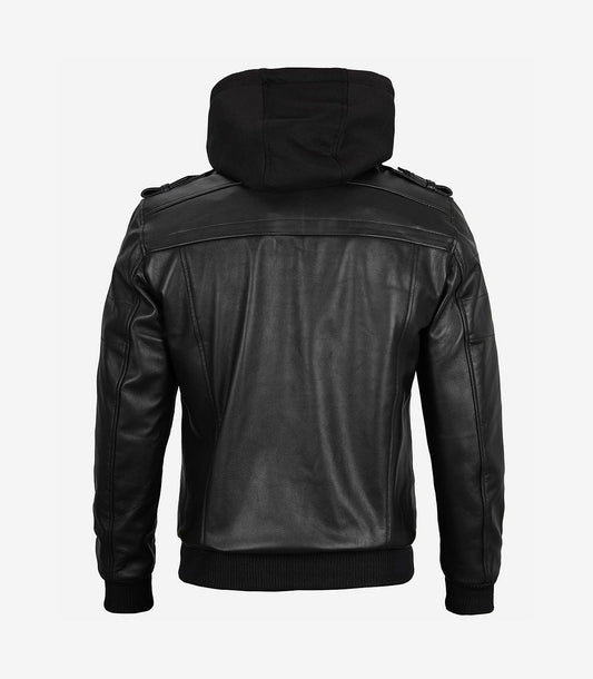 Mens Black Leather Bomber Jacket With Removable Hood