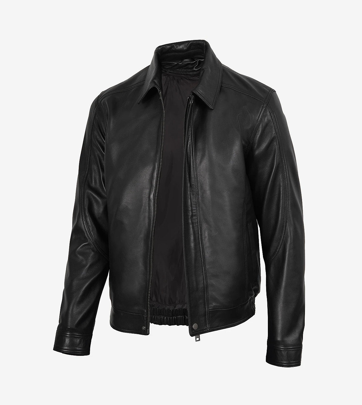 Mens Black Shirt Collar Bomber Leather Jacket