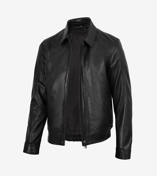 Mens Black Shirt Collar Bomber Leather Jacket