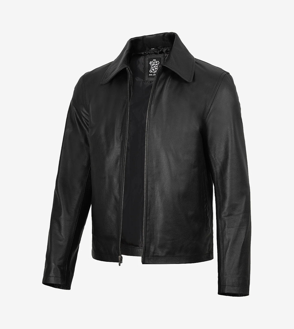 Mens Black Shirt Collar Cowhide Leather Jacket