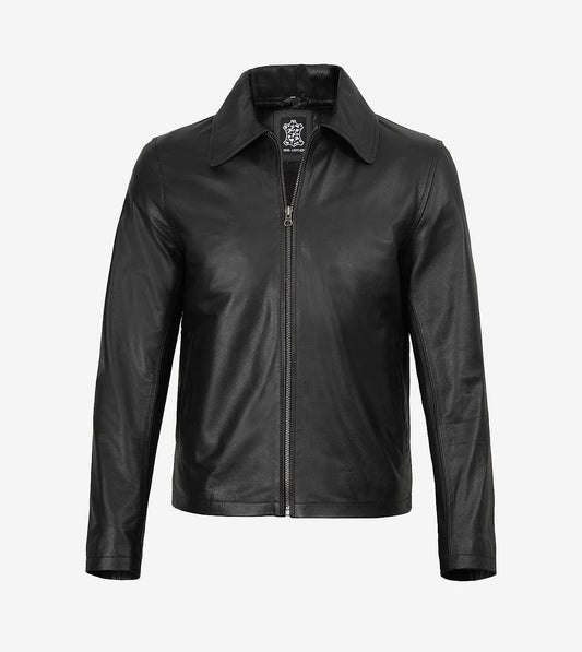Mens Black Shirt Collar Cowhide Leather Jacket