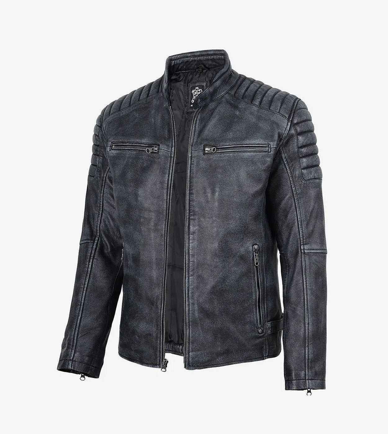 Mens Black Washed Leather Biker Style Jacket