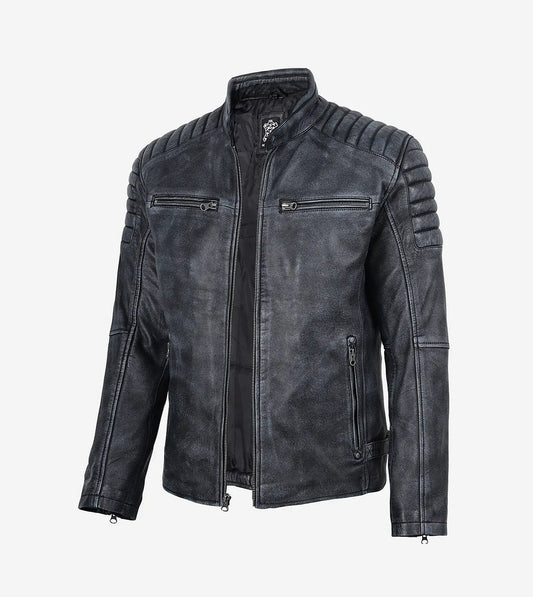 Mens Black Washed Leather Biker Style Jacket