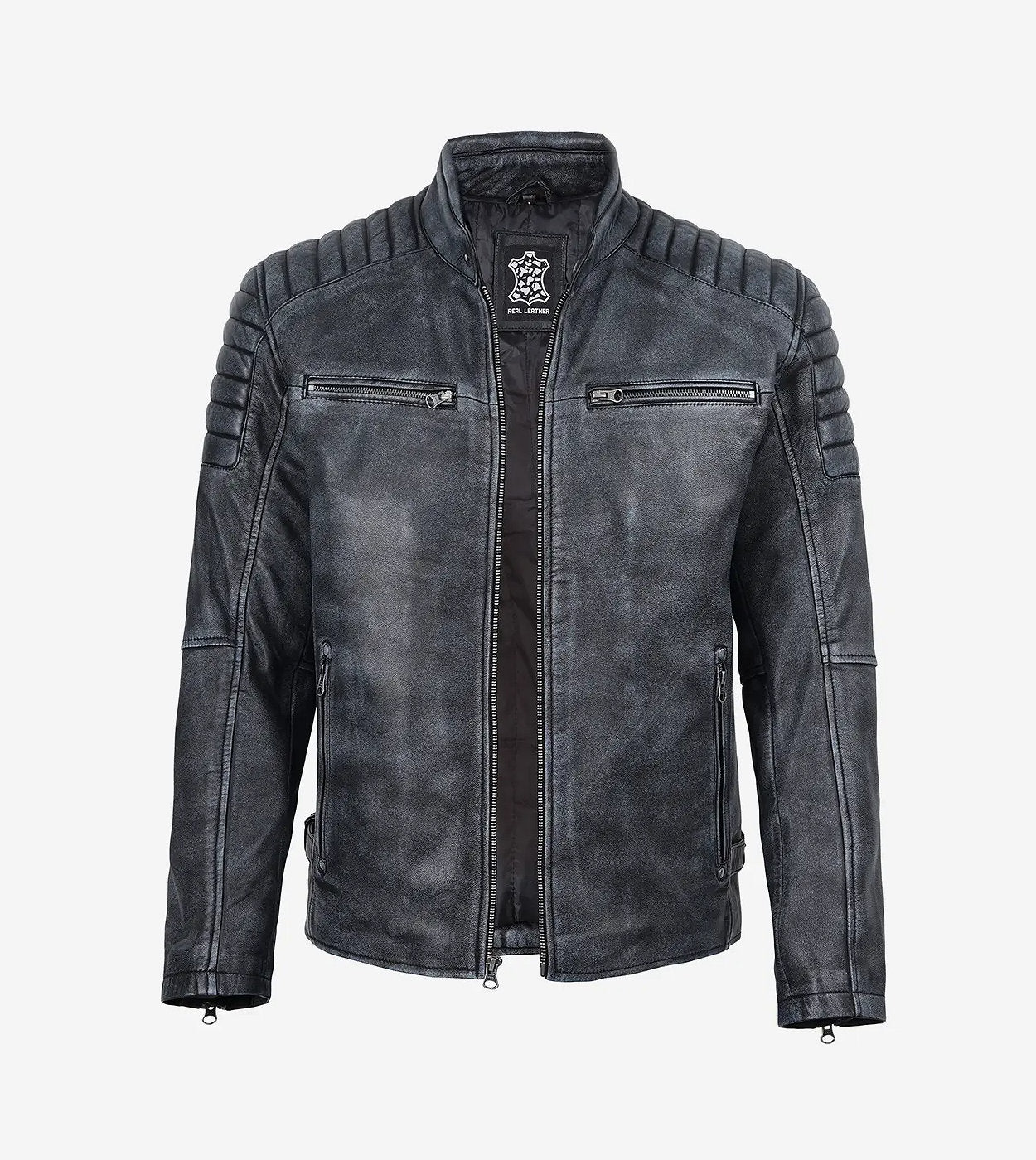 Mens Black Washed Leather Biker Style Jacket