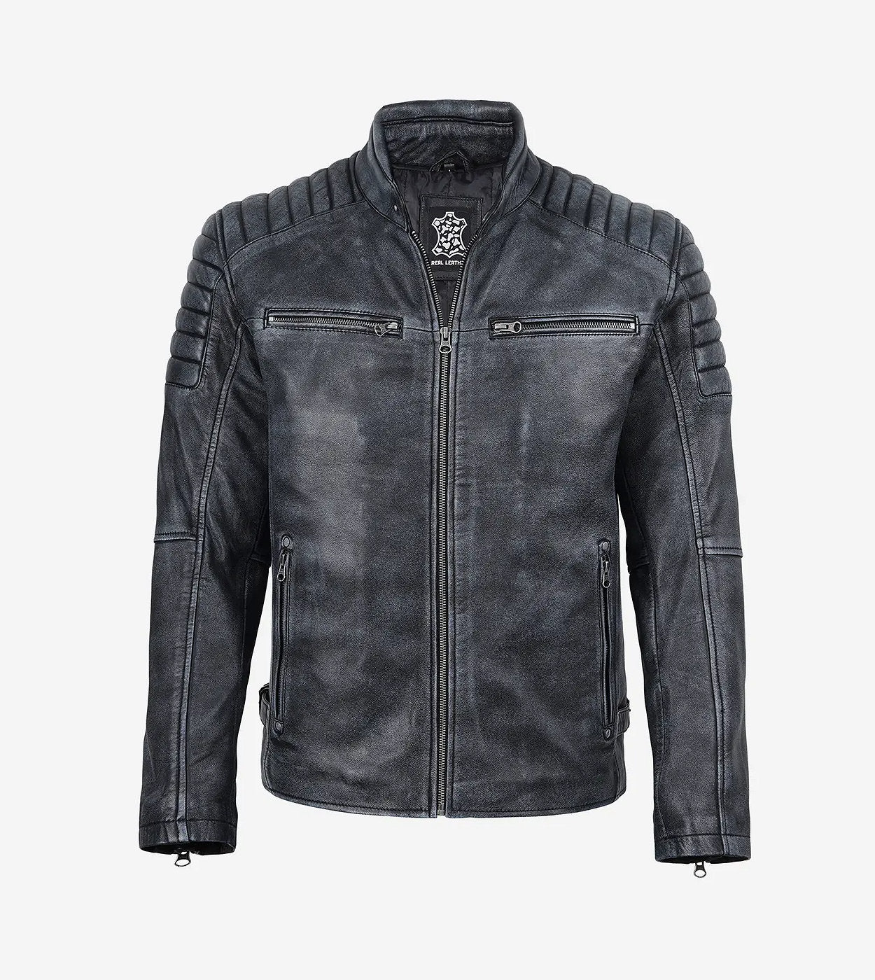 Mens Black Washed Leather Biker Style Jacket