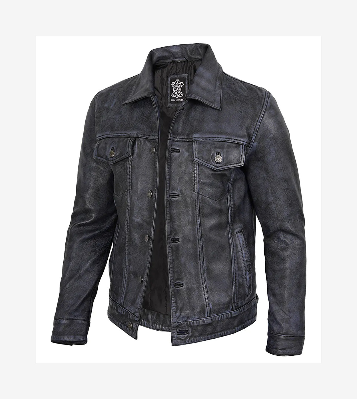 Mens Black Washed Leather Trucker Style Jacket