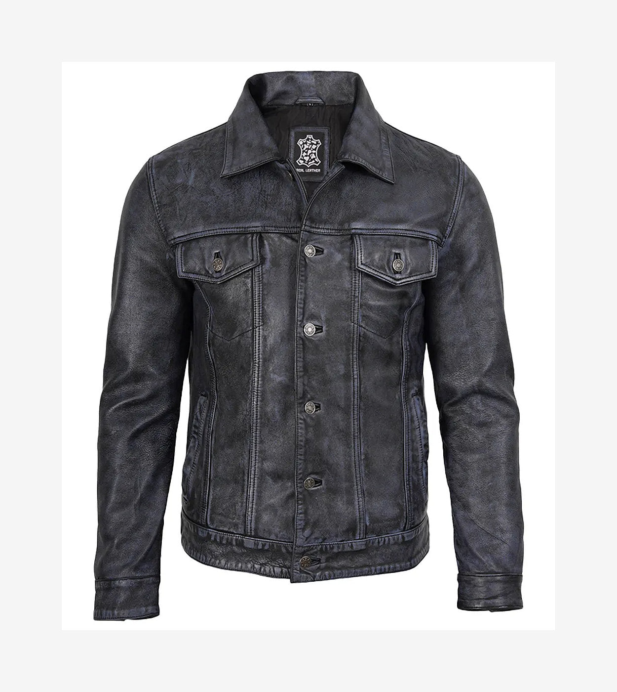 Mens Black Washed Leather Trucker Style Jacket