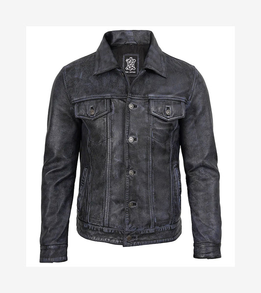 Mens Black Washed Leather Trucker Style Jacket
