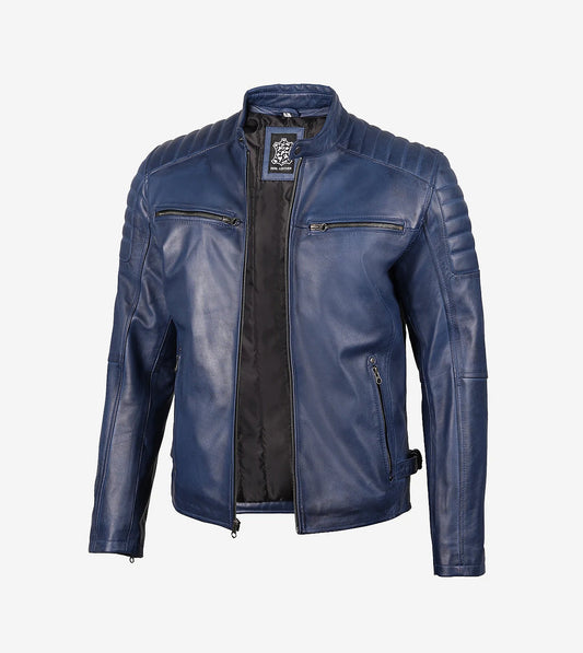 Mens Blue Waxed Cafe Racer Leather Jacket