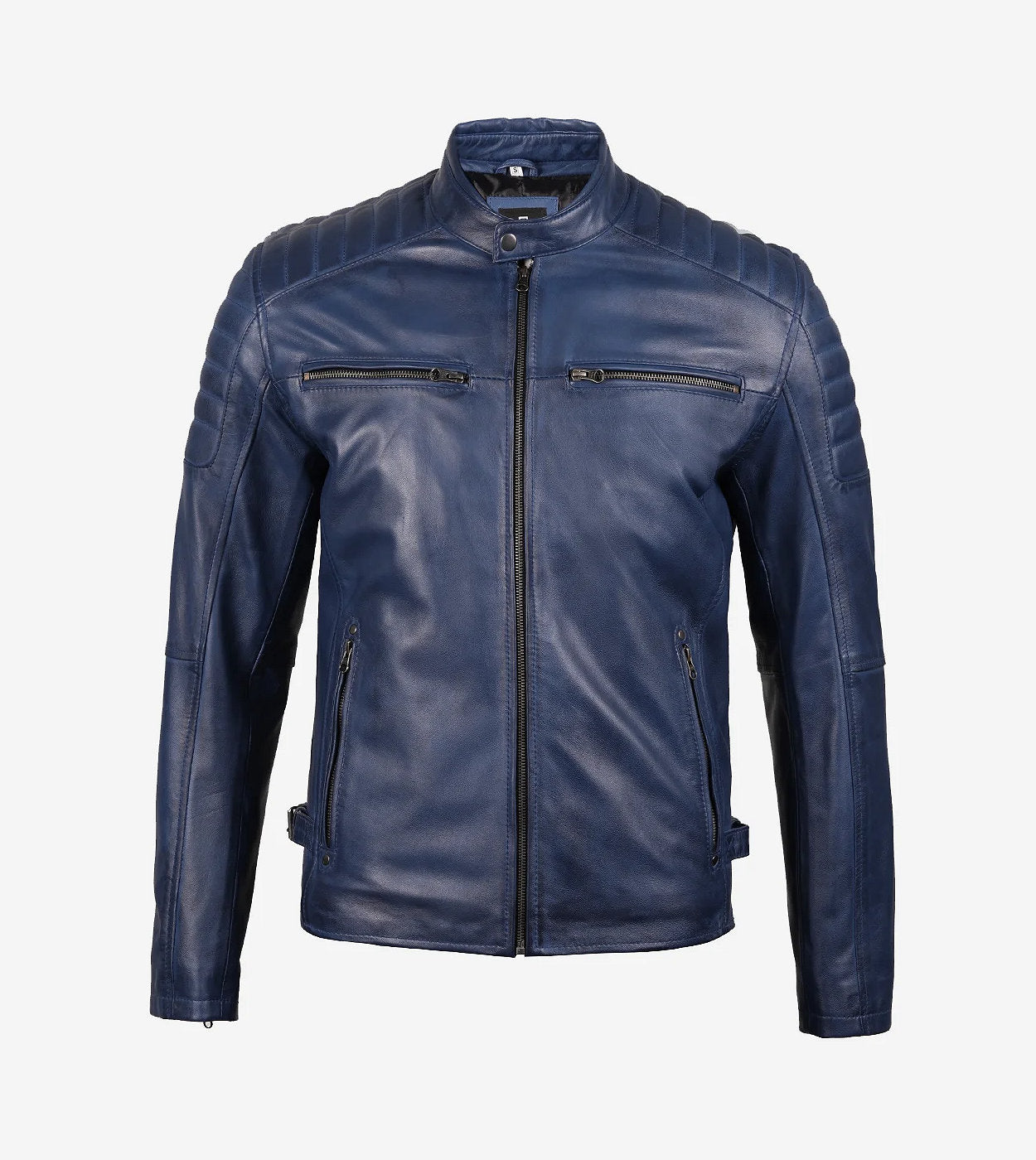 Mens Blue Waxed Cafe Racer Leather Jacket