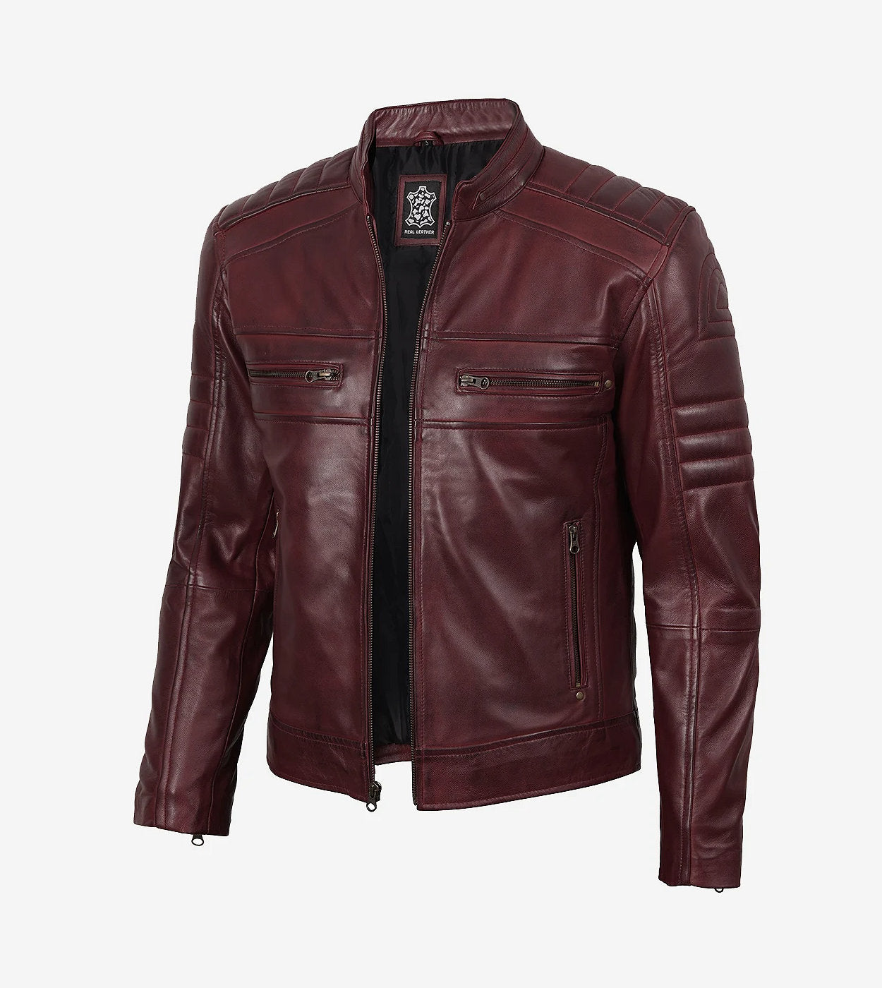 Mens Burgundy Cafe Racer Leather Jacket