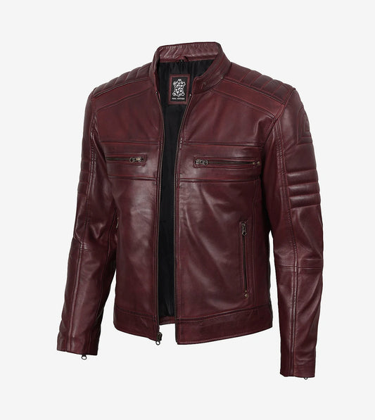 Mens Burgundy Cafe Racer Leather Jacket