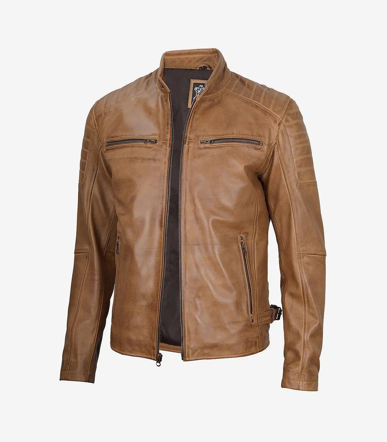 Mens Camel Brown Cafe Racer Leather Jacket