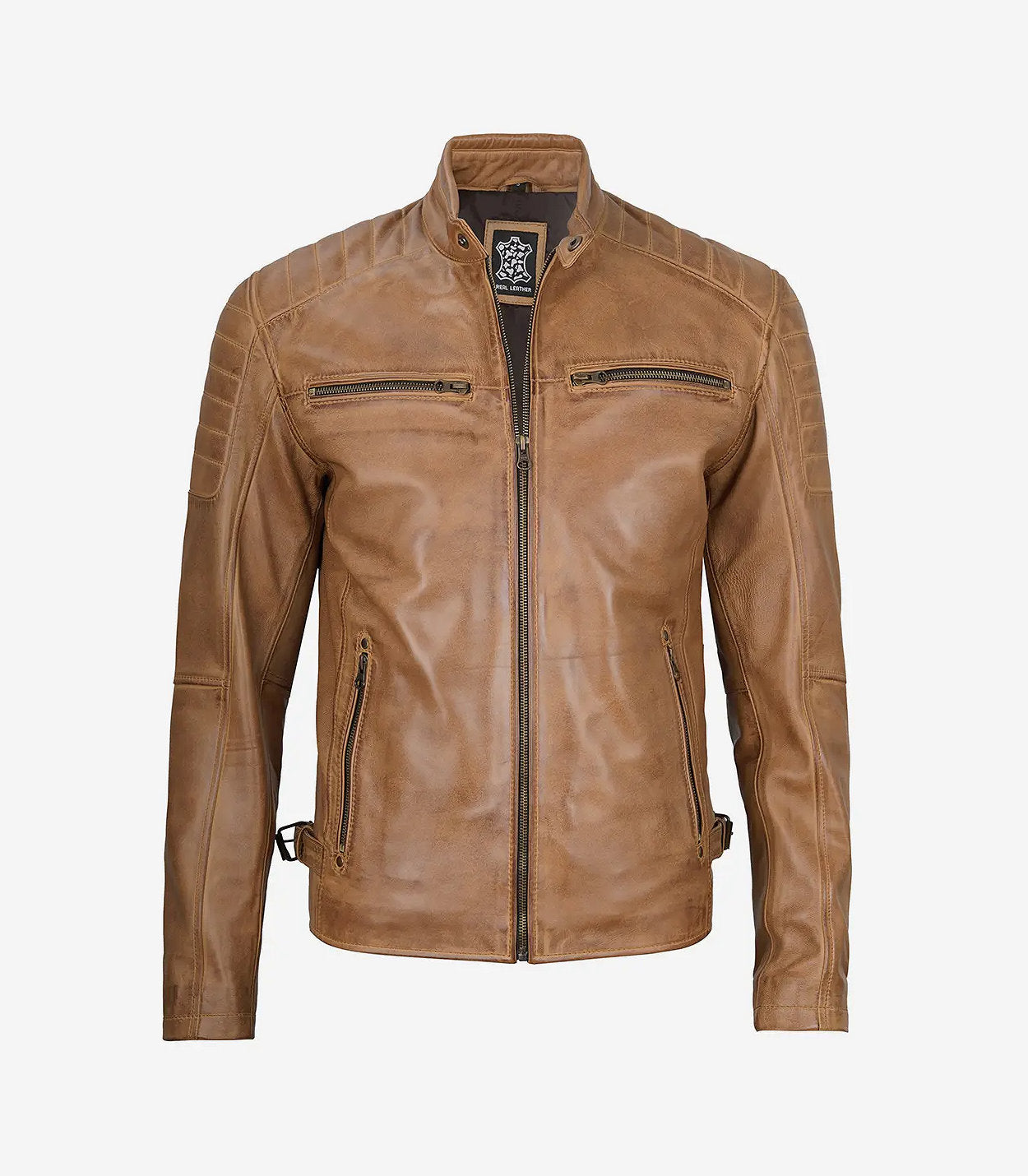 Mens Camel Brown Cafe Racer Leather Jacket