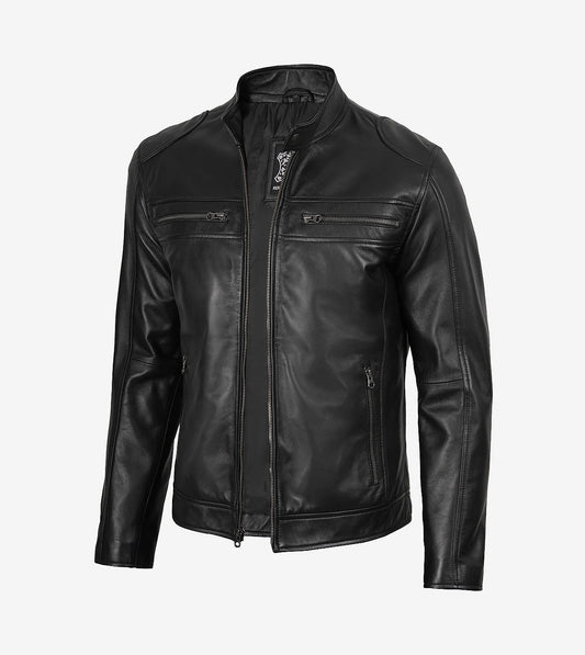 Mens Classic Black Biker Leather Jacket