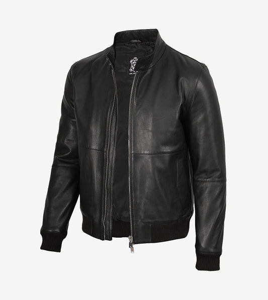 Mens Classic Black Bomber Style Leather Jacket