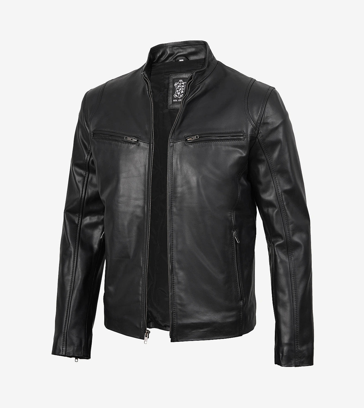 Mens Classic Black Cowhide Cafe Racer Leather Jacket