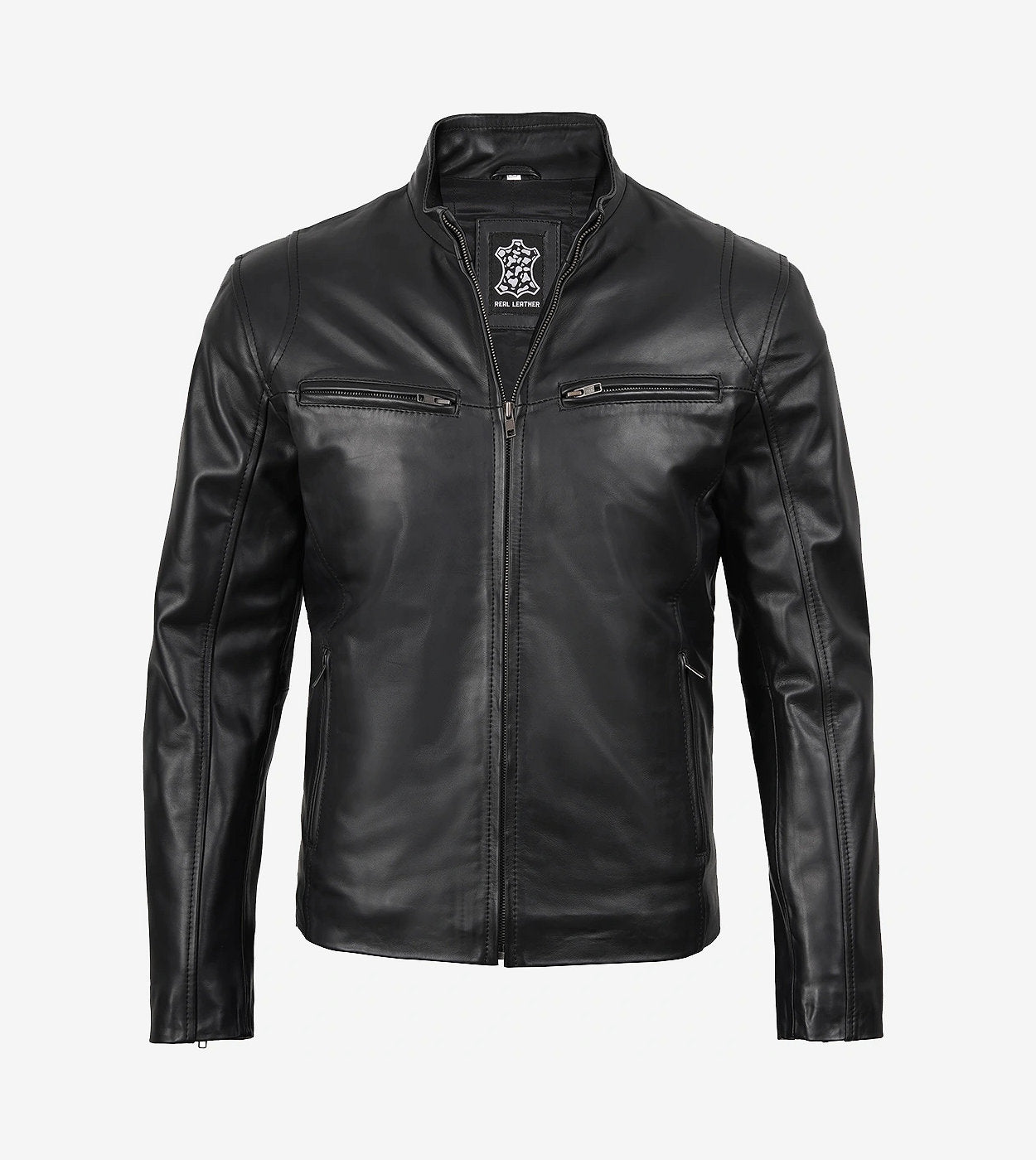 Mens Classic Black Cowhide Cafe Racer Leather Jacket