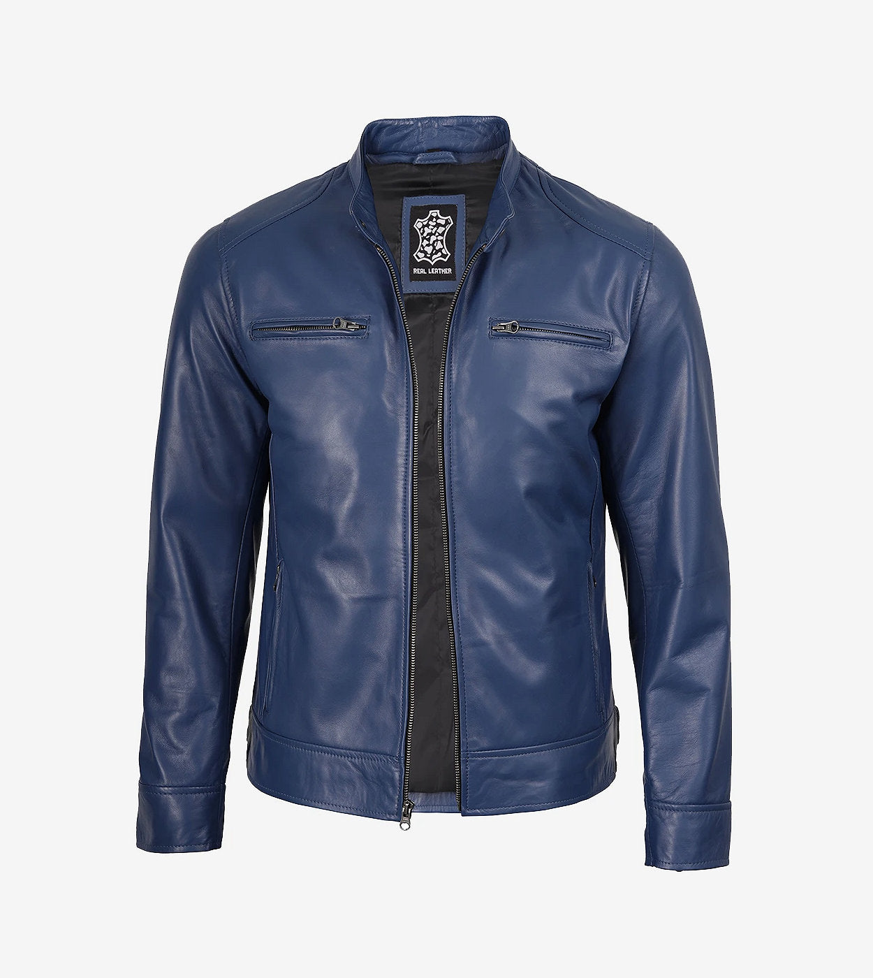 Mens Classic Blue Cafe Racer Leather Jacket