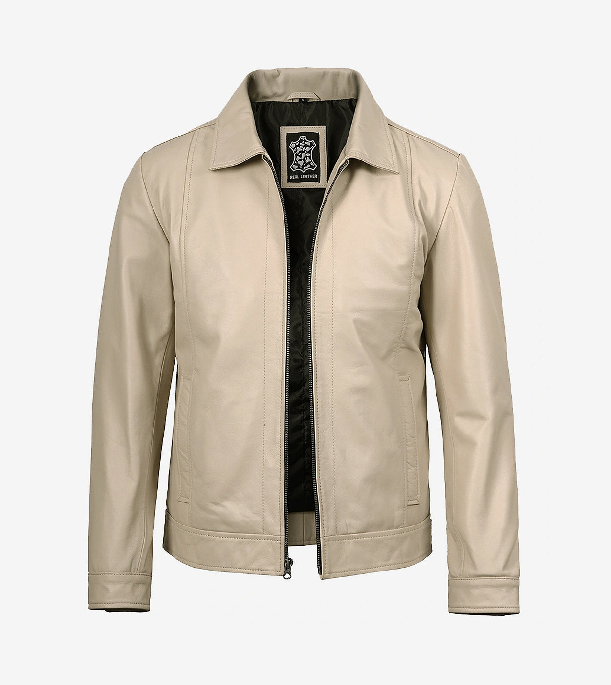 Mens Classic Shirt Collar Beige Harrington Leather Jacket