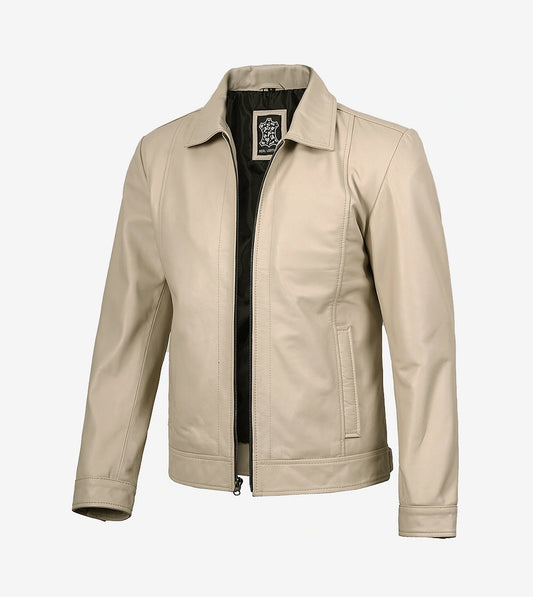 Mens Classic Shirt Collar Beige Harrington Leather Jacket