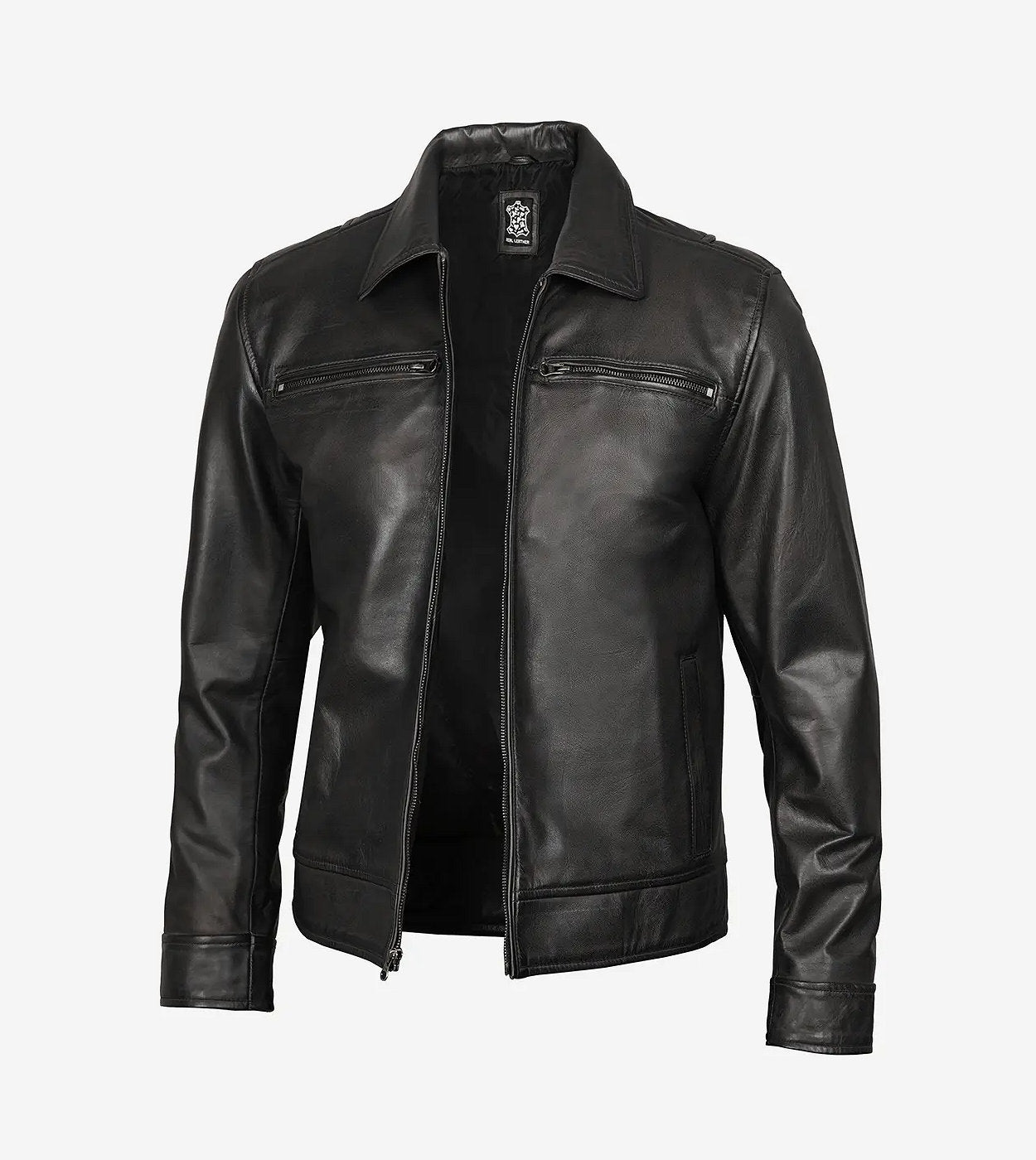 Mens Classic Shirt Collar Black Leather Jacket