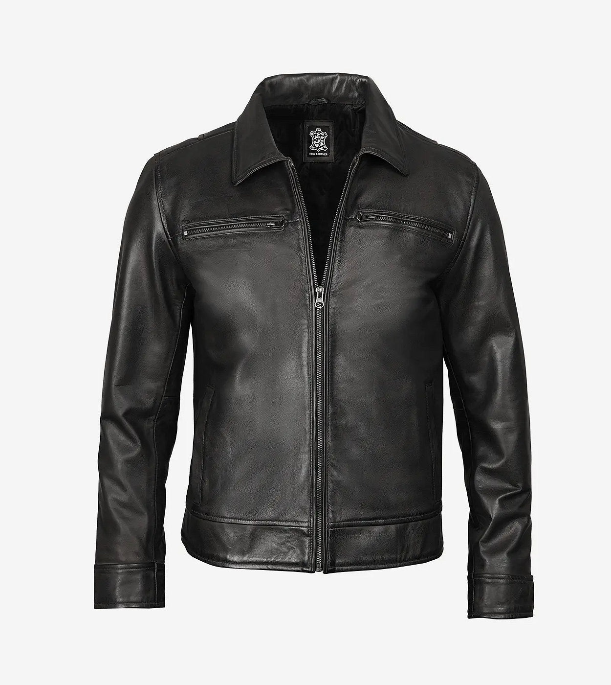 Mens Classic Shirt Collar Black Leather Jacket
