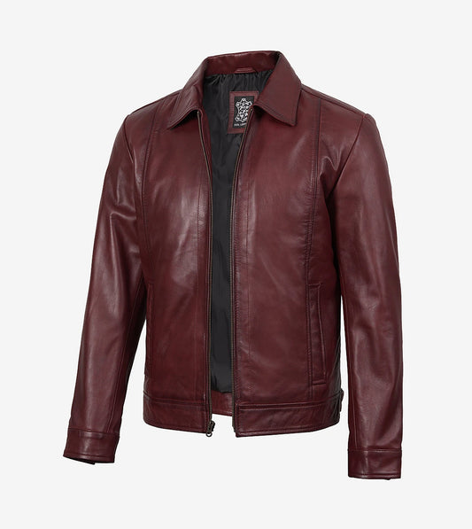 Mens Classic Shirt Collar Burgundy Harrington Leather Jacket