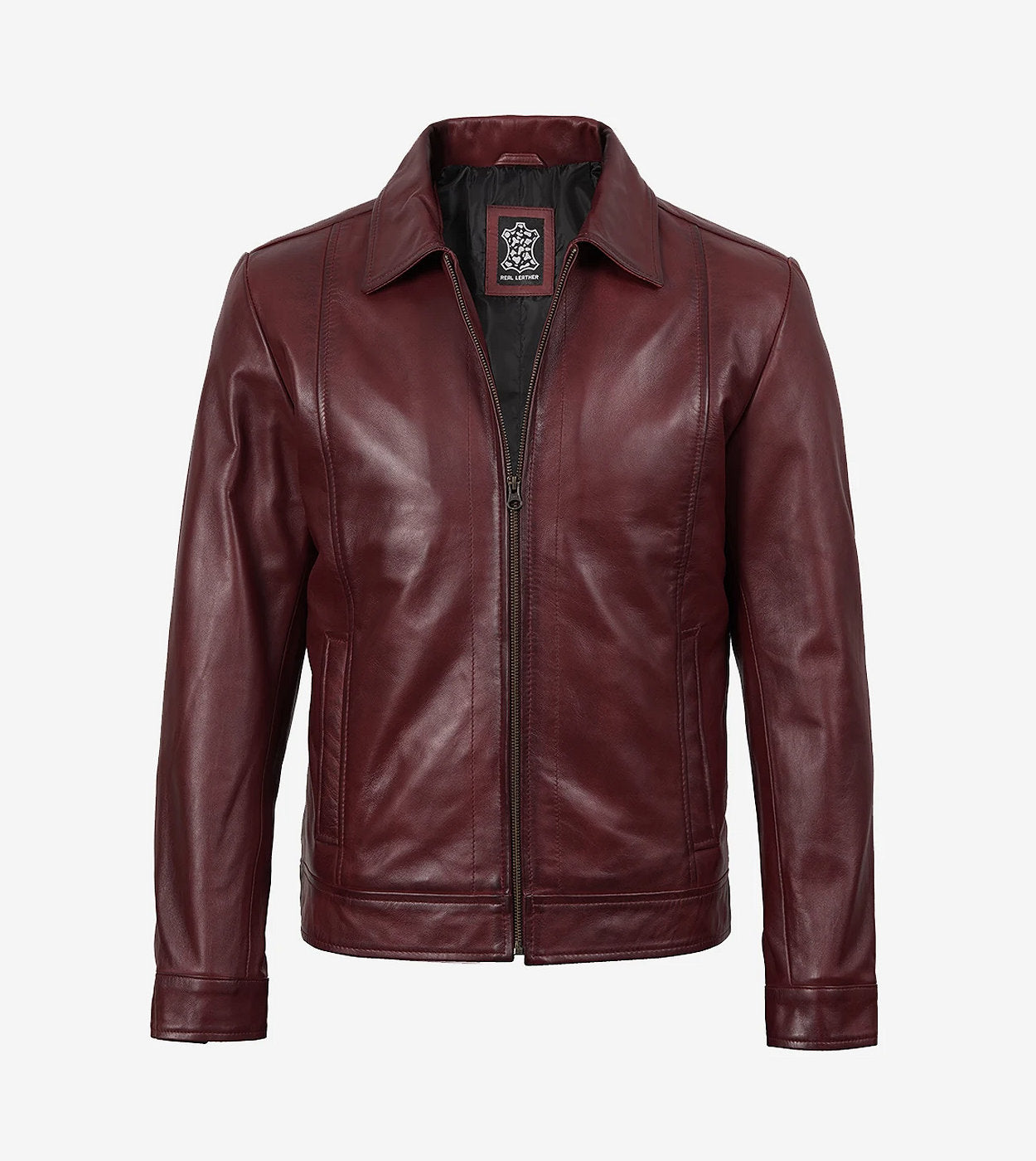 Mens Classic Shirt Collar Burgundy Harrington Leather Jacket