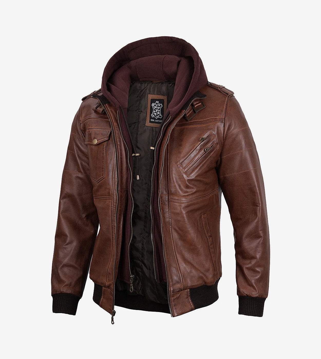 Mens Cognac Leather Bomber Jacket With Removable Hood