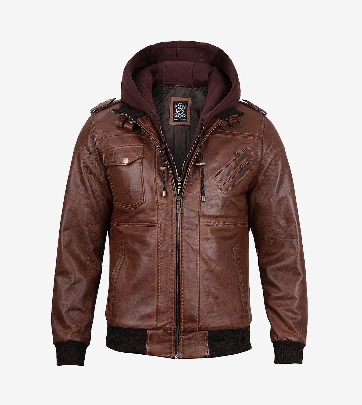 Mens Cognac Leather Bomber Jacket With Removable Hood