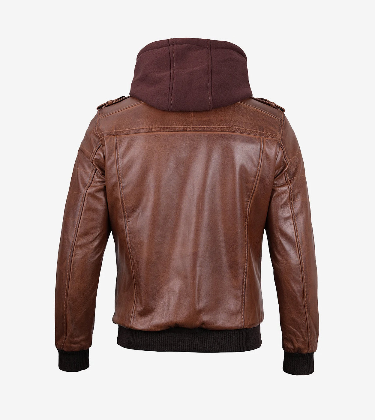Mens Cognac Leather Bomber Jacket With Removable Hood