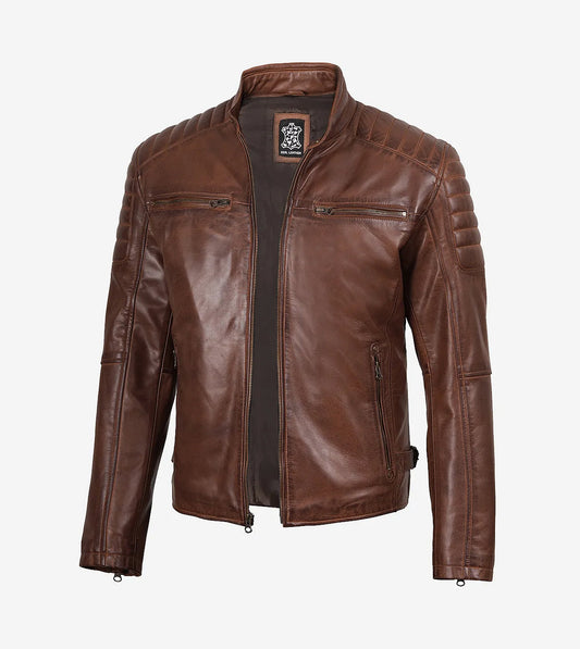 Mens Cognac Waxed Cafe Racer Leather Jacket