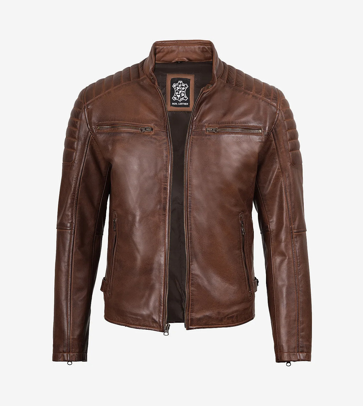 Mens Cognac Waxed Cafe Racer Leather Jacket